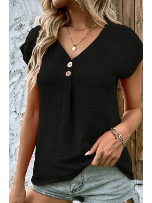 Kadın Kısa Kollu V Yakalı Düğmeli Keten Bluz