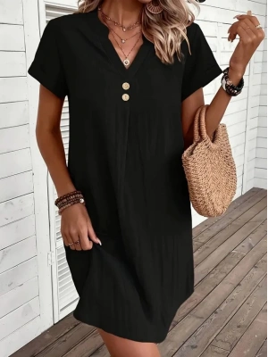 Kadın Kısa Kollu V Yakalı Düğmeli Müslim Kısa Elbise