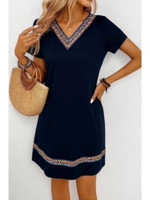 Kadın Kısa Kollu V Yakalı Etnik Desen şerit Detaylı Viskon Elbise