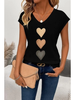 Kadın Kısa Kollu V Yakalı Kalp Desen Viskon Bluz