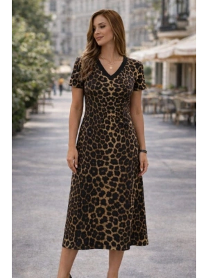 Kadın Kısa Kollu V Yakalı Leopar Desenli Kısa Süprem Elbise