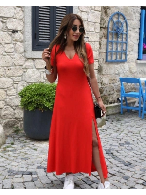 Kadın Kısa Kollu V Yakalı Maksi Boy Viskon Elbise