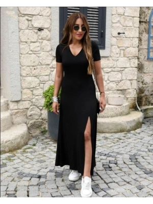 Kadın Kısa Kollu V Yakalı Maksi Boy Viskon Elbise