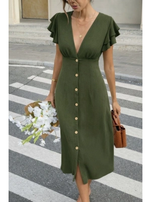Kadın Kısa Kollu V Yakalı önden Düğmeli Bürümcük Midi Elbise