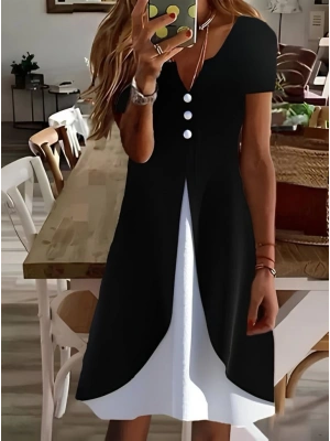 Kadın Kısa Kollu V Yakalı önden Düğmeli çift Renkli Viskon Elbise