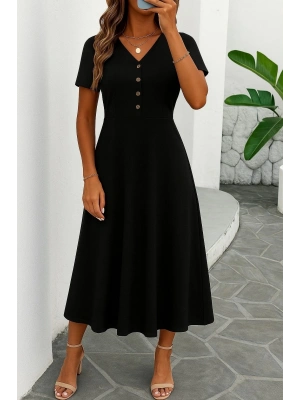 Kadın Kısa Kollu V Yakalı önden Düğmeli Yırtmaçlı Midi Viskon Elbise