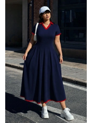 Kadın Kısa Kollu V Yakalı Pileli Uzun Janjan Krep Elbise