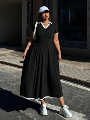 Kadın Kısa Kollu V Yakalı Pileli Uzun Janjan Krep Elbise