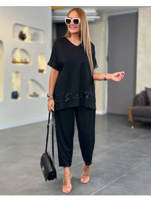 Kadın Kısa Kollu V Yakalı Pul Payetli Viskon Iki Iplik Bluz Ve Pantolon Ikili Takım