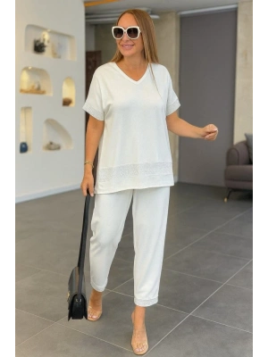 Kadın Kısa Kollu V Yakalı Pul Payetli Viskon Iki Iplik Bluz Ve Pantolon Ikili Takım