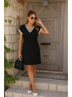 Kadın Kısa Kollu V Yakalı Ribanalı Modal Mini Elbise