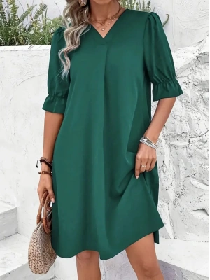 Kadın Kısa Kollu V Yakalı Salaş Janjan Krep Elbise