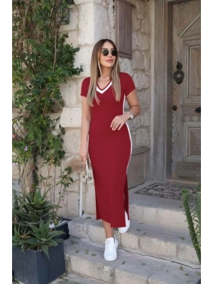 Kadın Kısa Kollu V Yakalı Yandan şerit Ve Yırtmaçlı Viskon Uzun Elbise