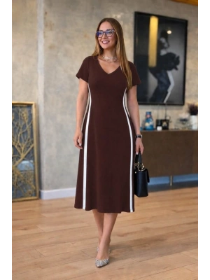 Kadın Kısa Kollu V Yakalı Yanları şerit Detaylı Viskon Iki Iplik Midi Elbise