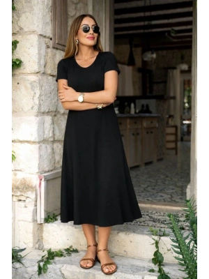 Kadın Kısa Kollu V Yakalı Yırtmaçlı Midi Viskon Elbise