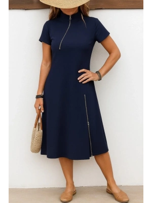 Kadın Kısa Kollu Yakadan Ve Etekten Fermuarlı Midi Viskon Iki Iplik Elbise
