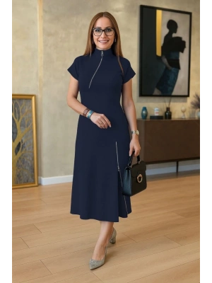 Kadın Kısa Kollu Yakadan Ve Etekten Fermuarlı Midi Viskon Iki Iplik Elbise