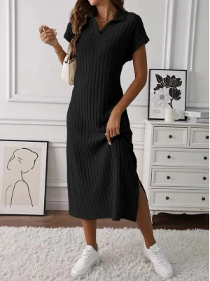 Kadın Kısa Kollu Yakalı Yandan Yırtmaçlı Kalın Fitilli Kaşkorse Elbise