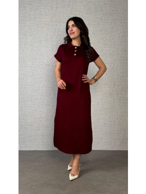 Kadın Kısa Kollu Yakalı Yandan Yırtmaçlı Viskon Iki Iplik Elbise