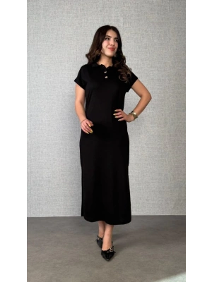 Kadın Kısa Kollu Yakalı Yandan Yırtmaçlı Viskon Iki Iplik Elbise