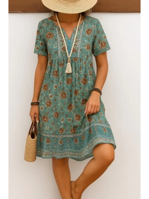 Kadın Kısa Kollu Yakası Bağcıklı önden Düğmeli Fırfır Desenli Süprem Elbise