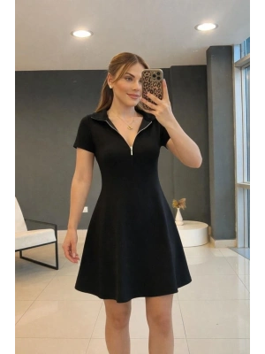 Kadın Kısa Kollu Yakası Fermuarlı Kısa Viskon Iki Iplik Elbise