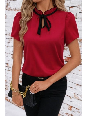 Kadın Kısa Kollu Yakası Fırfırlı Bağcıklı Janjan Krep Bluz