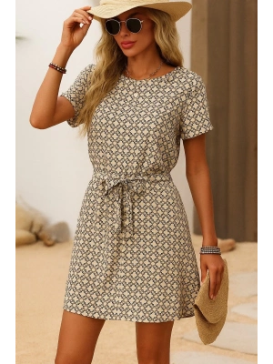 Kadın Kısa Kollu Yuvarlak Yaka Beli Kuşaklı Geometrik Desenli Süprem Elbise