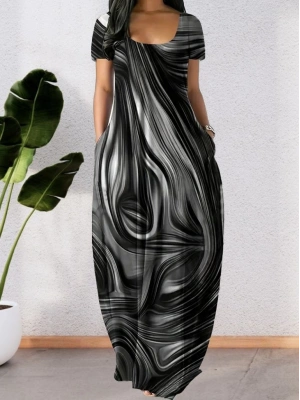 Kadın Kısa Kollu Yuvarlak Yaka Cepli Salaş Baskılı Süprem Elbise