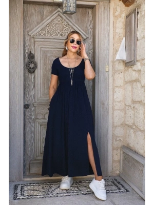 Kadın Kısa Kollu Yuvarlak Yaka önden Yırtmaçlı Cepli Viskon Uzun Elbise