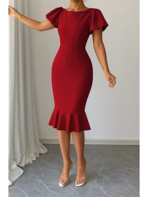 Kadın Kısa Kollu Yuvarlak Yaka Pileli Janjan Krep Elbise
