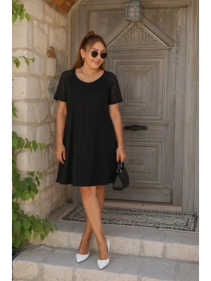 Kadın Kısa Kollu Yuvarlak Yaka şerit Kol Detaylı Viskon Elbise