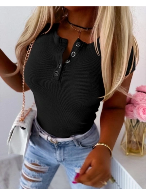 Kadın Kısa Kollu Yuvarlak Yakalı Düğme Detay Kaşkorse Bluz