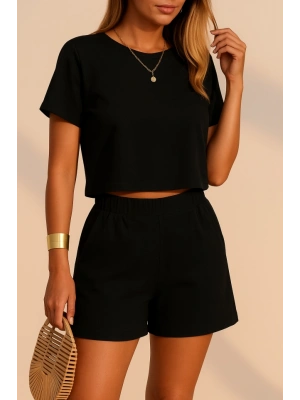 Kadın Kısa Kollu Yuvarlak Yakalı Ithal Keten Bluz Ve Short Ikili Takım