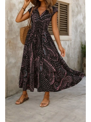 Kadın Kısa Yarasa Kanat Kollu V Yakalı Beli Büzgülü Süprem Elbise