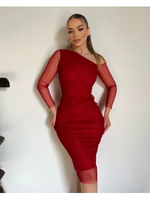 Kadın Kolları Tül Detay Omuz Dekolteli Diz üstü Kalem Elbise