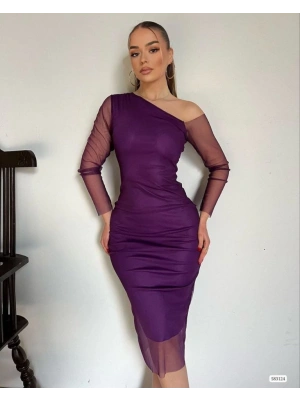 Kadın Kolları Tül Detay Omuz Dekolteli Diz üstü Kalem Elbise