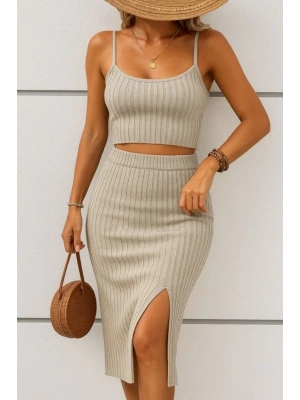 Kadın Kolsuz Askılı Crop Yırtmaçlı Midi Etek Fitilli Kaşkorse Takım