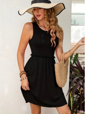 Kadın Kolsuz Bel Lastik Ve Büzgü Detay Viskon Mini Elbise