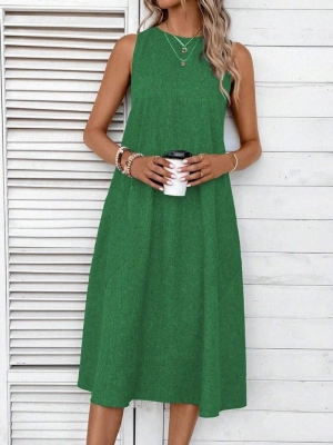 Kadın Kolsuz Bisiklet Yaka Cepli Midi Keten Elbise