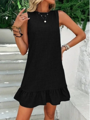 Kadın Kolsuz Bisiklet Yaka Fırfırlı Sofya Elbise