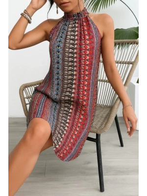 Kadın Kolsuz Boyundan Askılı Desenli Midi Süprem Elbise