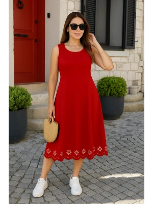 Kadın Kolsuz Etek Ucu Lazer Kesim çiçek Desenli Midi Boy Ithal Krep Elbise