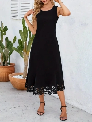 Kadın Kolsuz Etek Ucu Lazer Kesim çiçek Desenli Midi Boy Janjan Krep Elbise