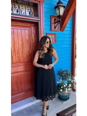 Kadın Kolsuz Etek Ucu Lazer Kesim çiçek Desenli Midi Boy Janjan Krep Elbise