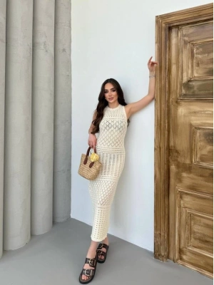 Kadın Kolsuz Kuş Gözü Teday Full Transparan Maxi Boy Elbise