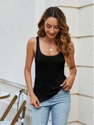 Kadın Kolsuz U Yaka Askılı Triko Bluz