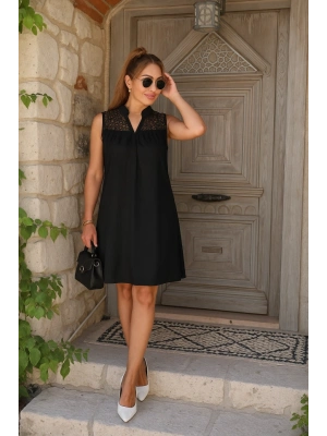 Kadın Kolsuz V Hakim Yaka Dantelli Janjan Krep Elbise