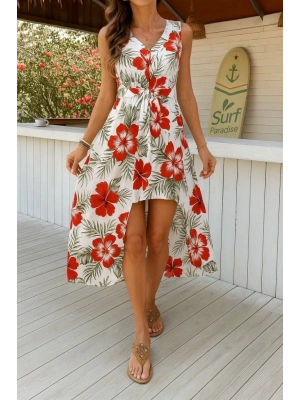 Kadın Kolsuz V Yakalı Desenli Süprem Tulum Elbise