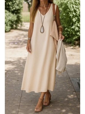 Kadın Kolsuz V Yakalı Maksi Boy Ithal Keten Elbise